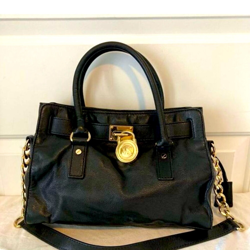 Michael Kors Black Leather Medium Hamilton Satchel Fulton